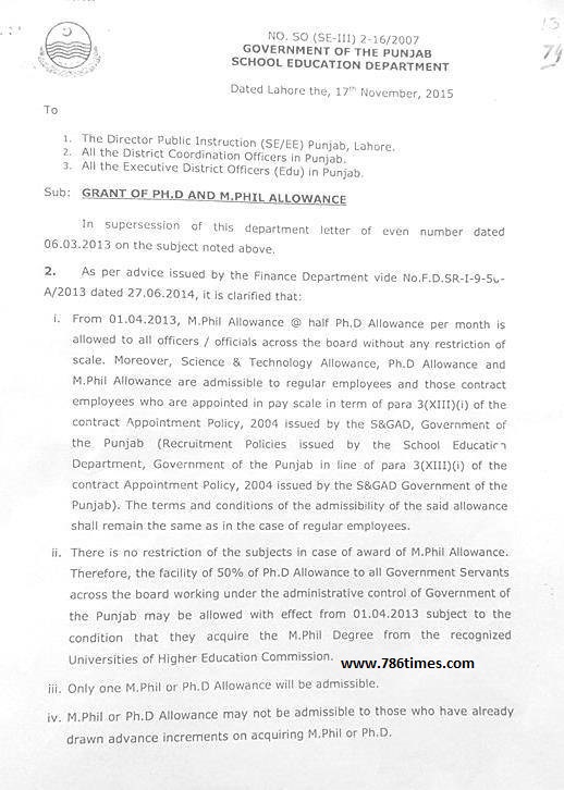 M Phil and P hd allowance notification 2015
