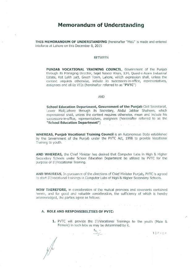 Memorandum of Understanding between SED Govt. of the Punjab and PVTC Lahore