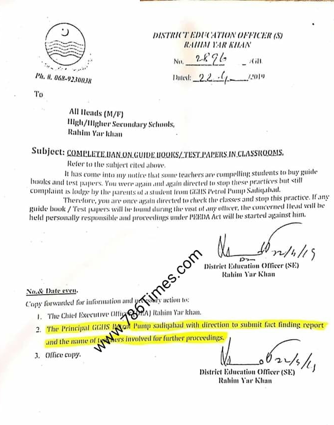 Complete Ban on Guide Books Test Papers in Class rooms