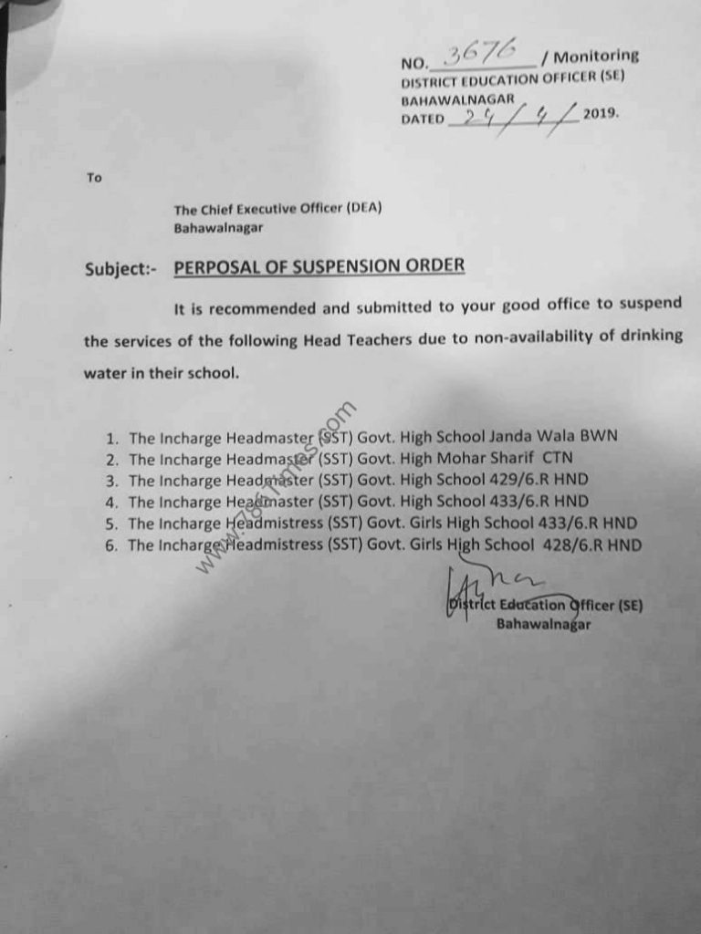 PROPOSAL OF SUSPENSION ORDER DUE TO NON AVAILABILITY OF DRINKING WATER