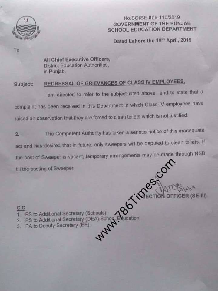 Redressal Of Grievances of Class IV Employees in Schools