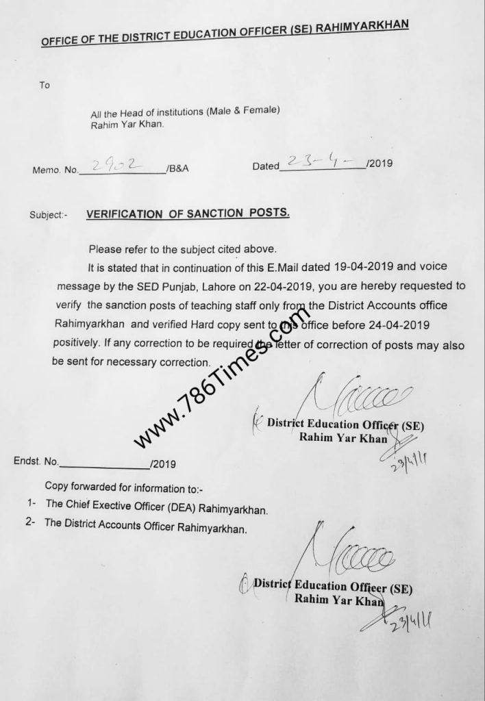 Verification Of Sanction Posts in Rahim Yar Khan