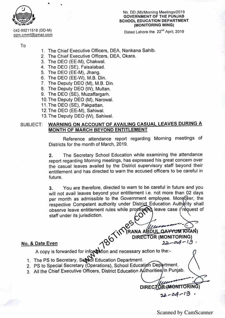 WARNING ON ACCOUNT OF AVAILING CASUAL LEAVES DURING MONTH OF MARCH 2019