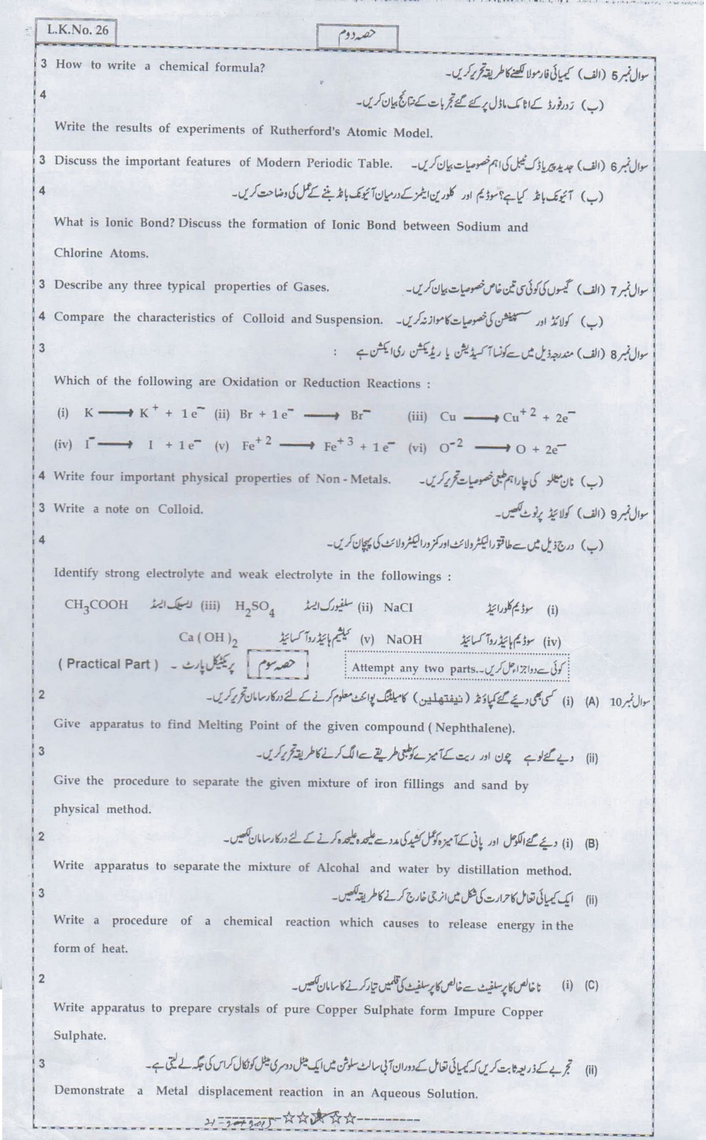 CHEMISTRY ANNUAL 2015 GROUP 2ND EVENING SSC PART 1ST CLASS 9TH BISE BAHAWALPUR