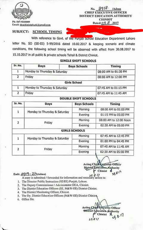 SCHOOL TIMING CHANGED IN DISTRICT CHINIOT 