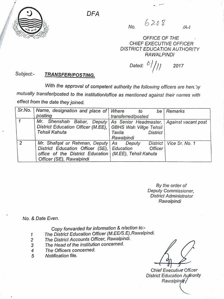 Transfer Posting as Deputy District Education M-EE Tehsil Kahuta & Senior Head Master GBHS Wah Villa Tehsil Taxila