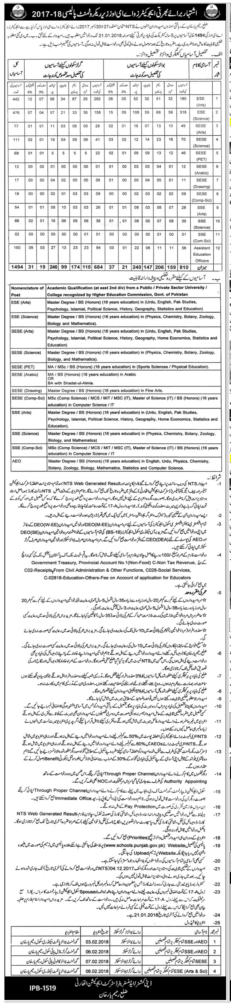 ADVERTISEMENT FOR INDUCTION OF EDUCATORS AND AEO RECRUITMENT POLICY 2017-18 RAHIMYARKHAN