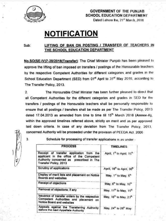 Punjab Government lift ban Teachers Transfer