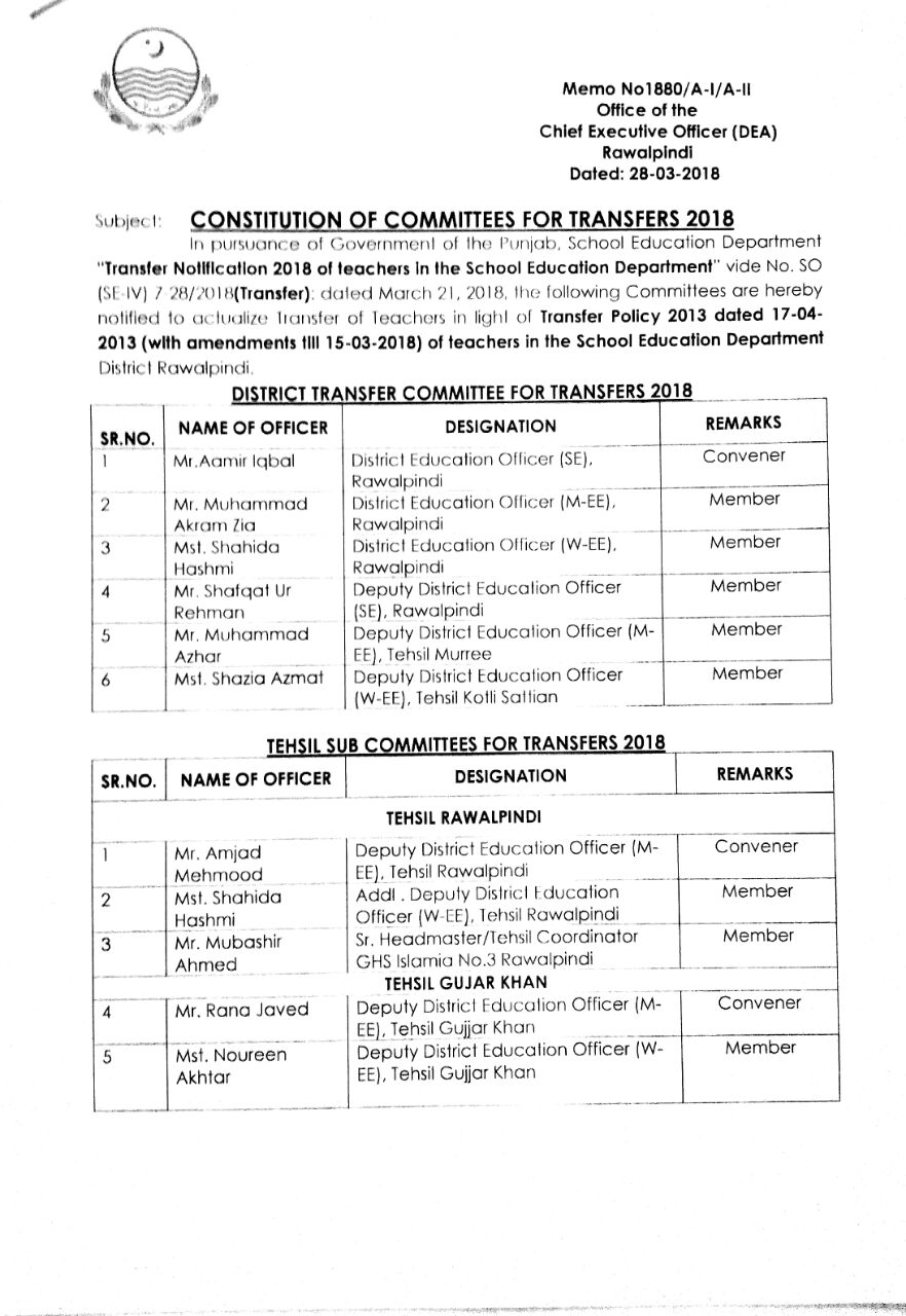 CONSTITUTION OF COMMITTEE'S FOR TRANSFERS 2018 IN RAWALPINDI 