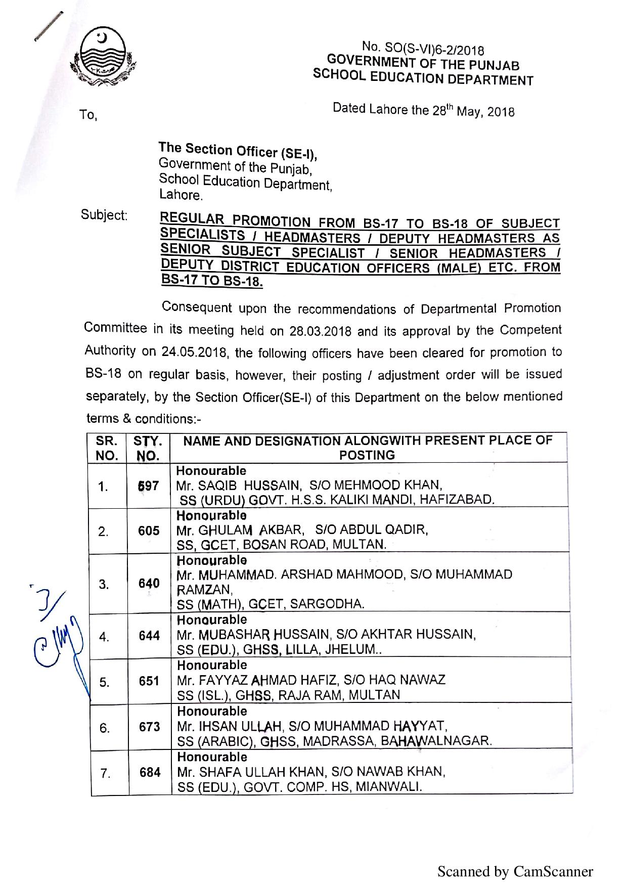 REGULAR PROMOTION of MALE FROM BPS-17 TO BPS-18 IN Punjab School Education Department