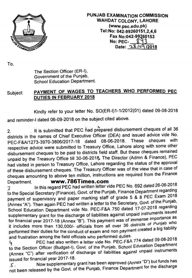 PAYMENT OF REMUNERATION WAGES TO TEACHERS WHO PERFORMED DUTIES IN PEC EXAM 2018