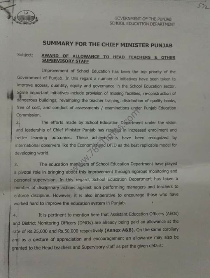 SUMMARY FOR THE CM PUNJAB FOR AWARD OF ALLOWANCE TO HEAD TEACHERS & OTHER SUPERVISORY STAFF-1