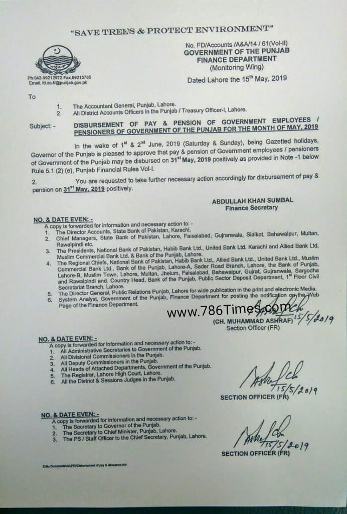 Disbursement of Pay & Pension of Government Employees for the month of May 2019