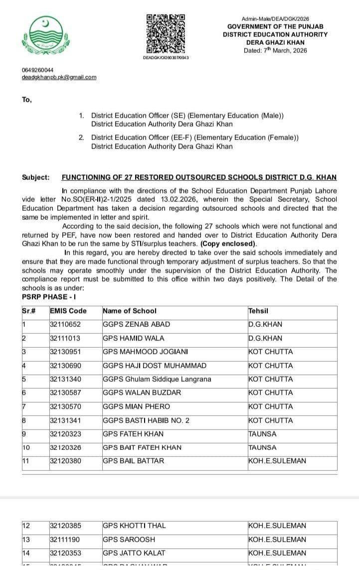 PEF returns 27 schools in Dera Ghazi Khan with government deploying teachers.