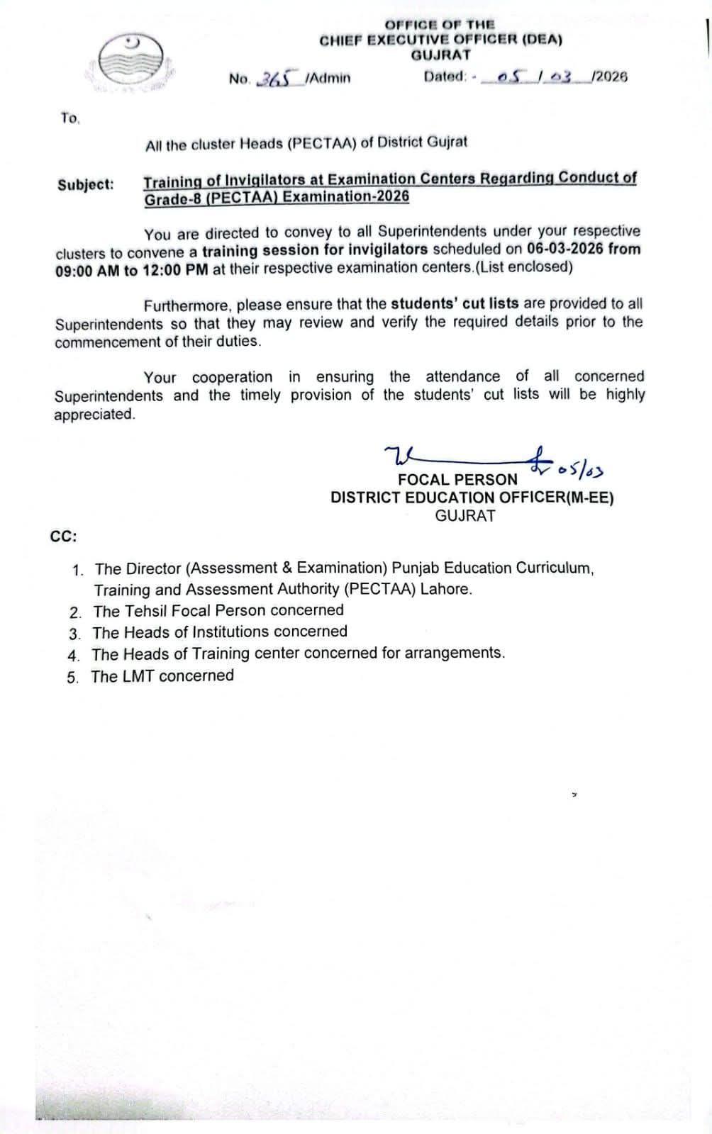 Grade 8 PECTAA Invigilators Training 2026 official notification issued by District Education Officer Gujrat.