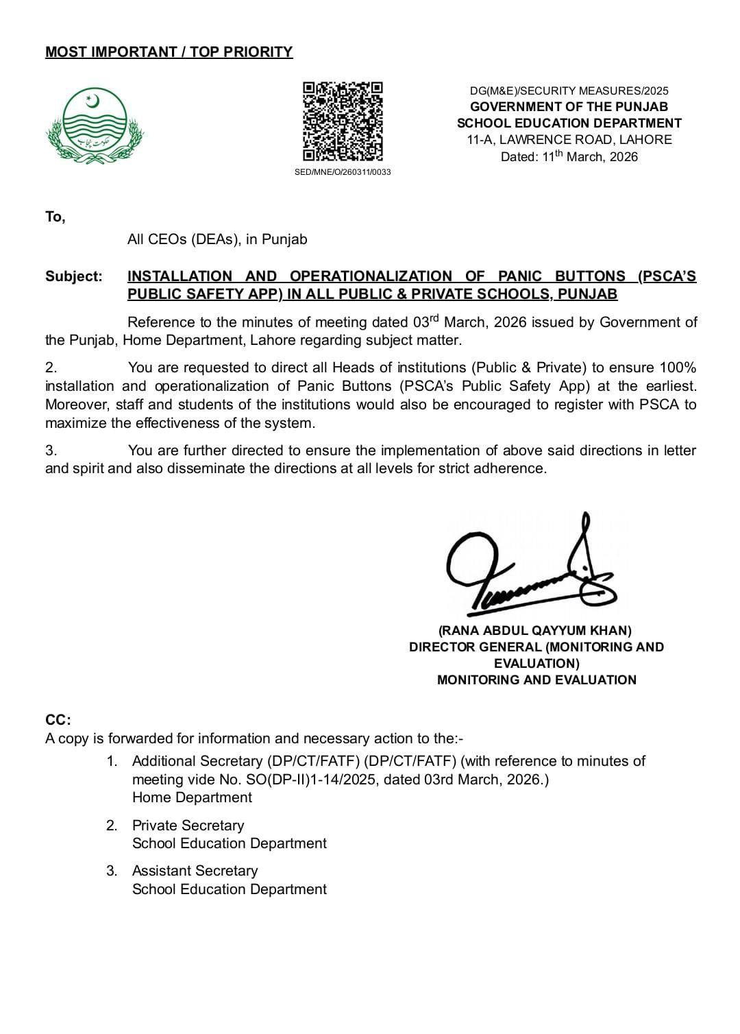 Punjab SED official letter mandating PSCA Public Safety App installation in all schools for safety.