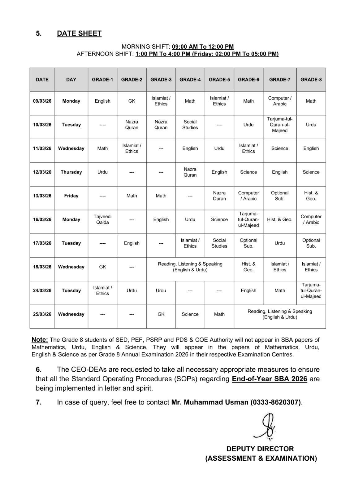 SBA Date Sheet 2026 Punjab School Based Assessment exam schedule for grades 1 to 7