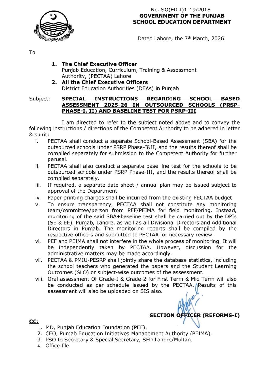Punjab School Education Department notification about School Based Assessment 2025-26 for outsourced PRSP schools.