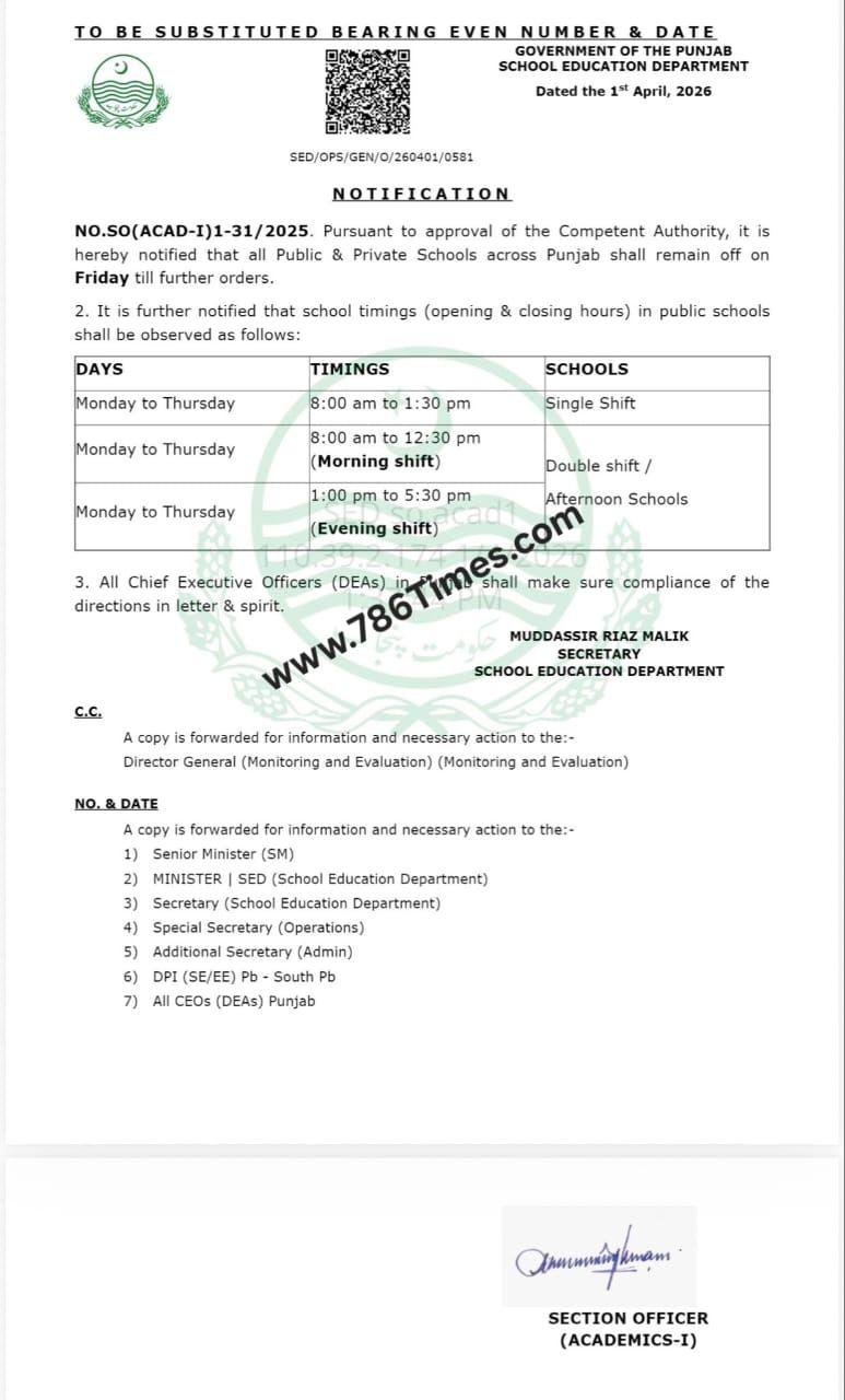 Punjab School Education Department notification announcing Friday closure and revised school timings April 2026.
