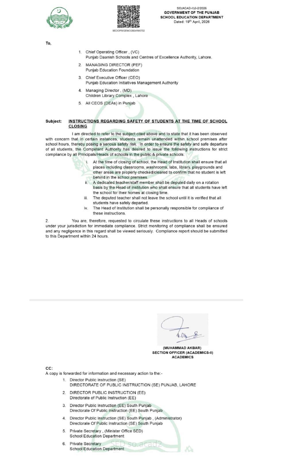 Student safety guidelines implementation at school closing time with staff checking classrooms.