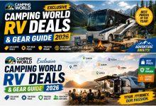 Camping World RV parked near a mountain campsite with outdoor camping gear.