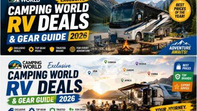 Camping World RV parked near a mountain campsite with outdoor camping gear.