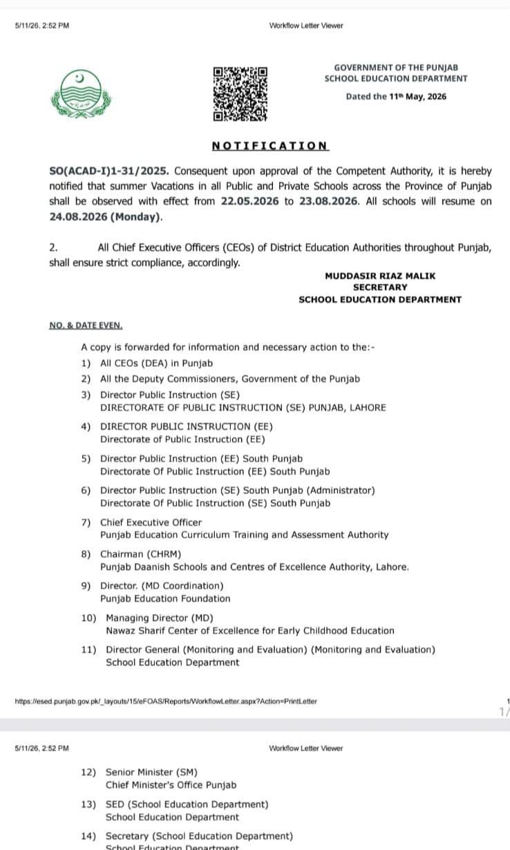 Official notification announcing Punjab Summer Vacations 2026 for public and private schools.