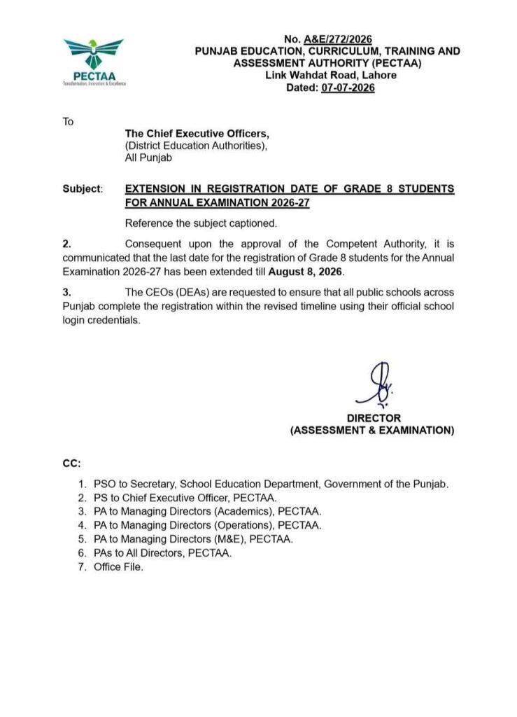 Date extended for Class 8 students  registration 2026-27 annual Examination 2027 PECTAA notification 