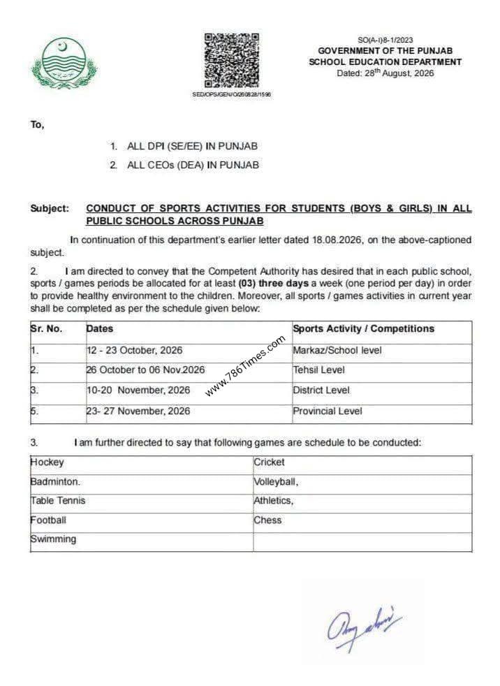 Punjab School Education Department Sports Activities Schedule 2026