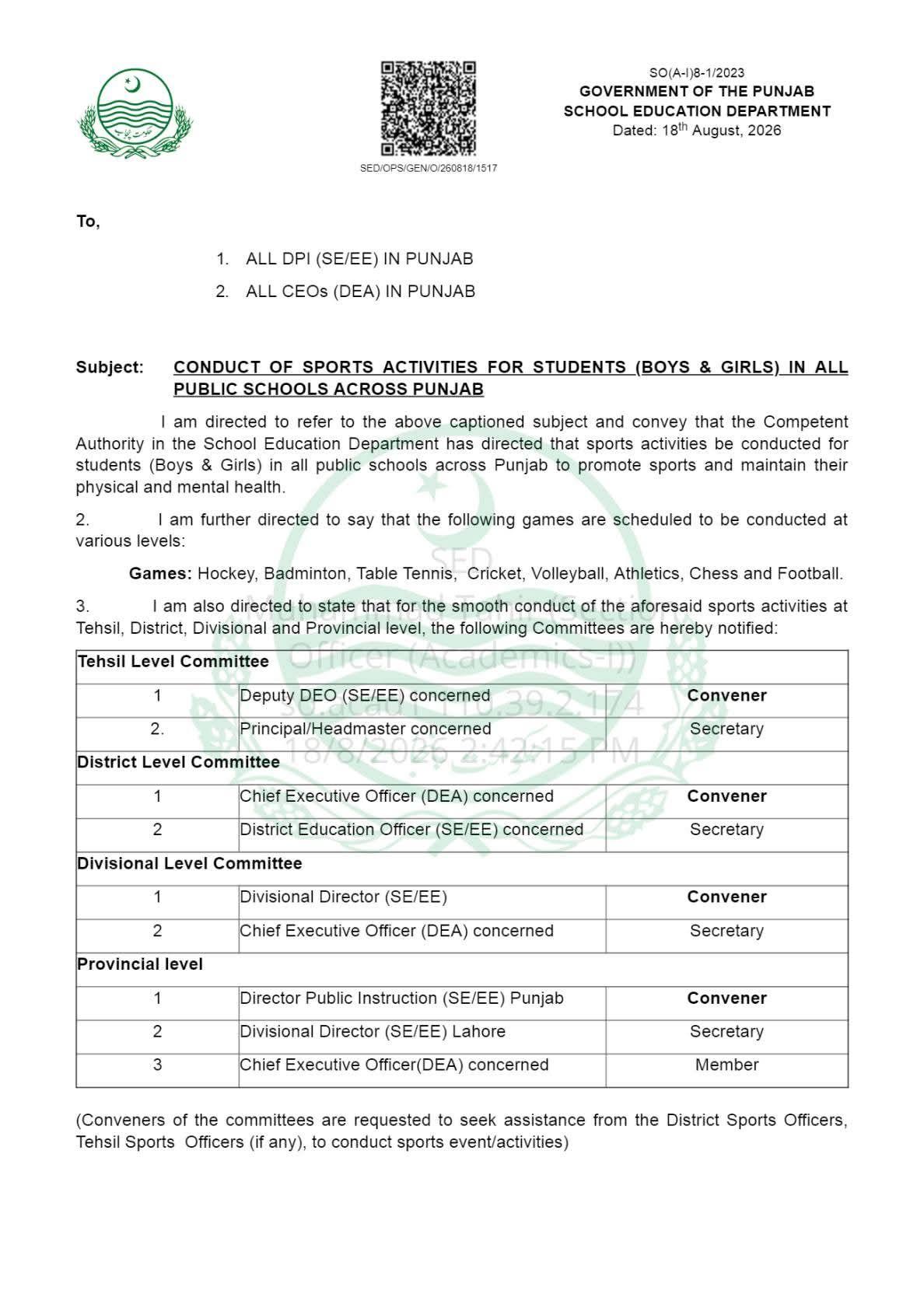 Conduct of Sports activities for students in all public schools across Punjab