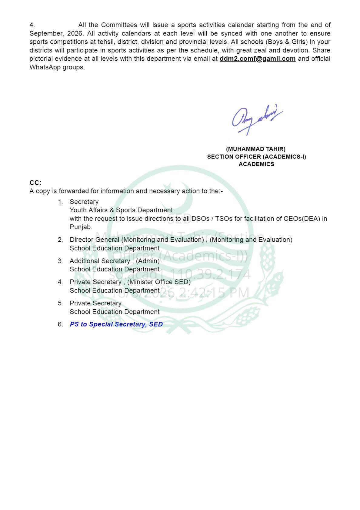 Conduct of Sports activities for students in all public schools across Punjab
