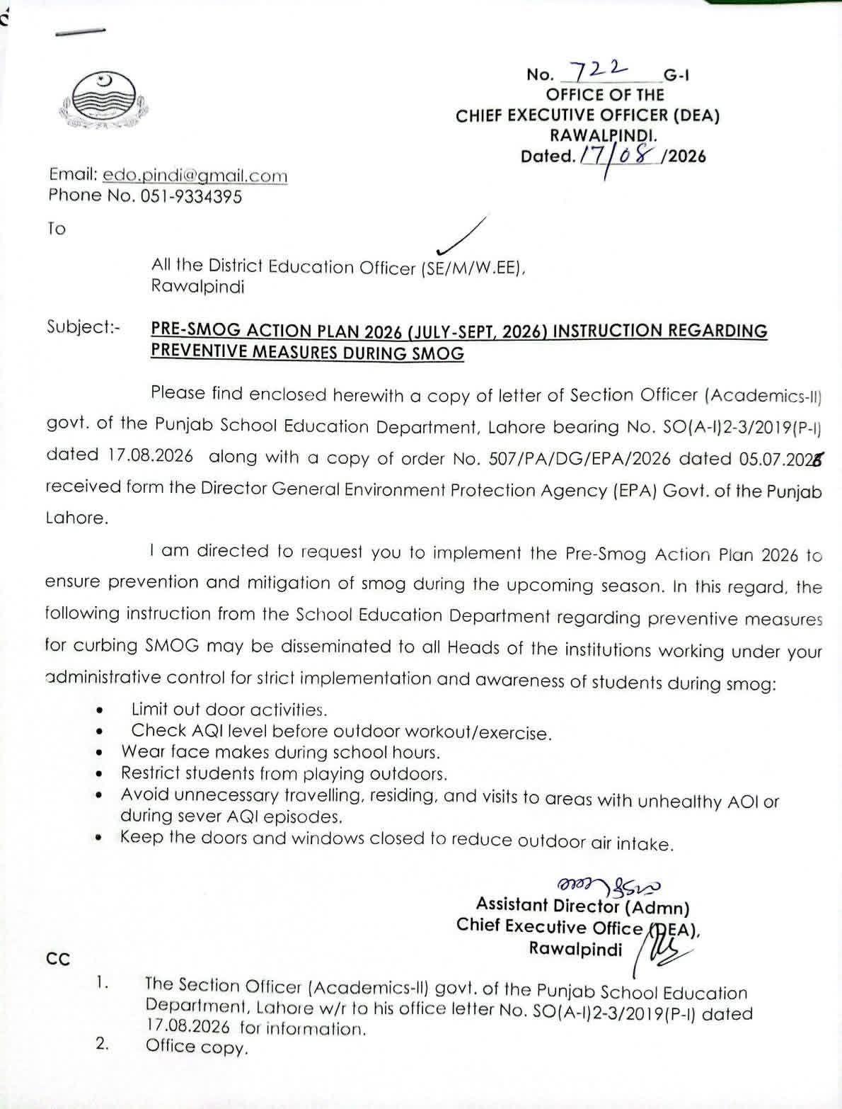 Punjab School Education Department issues preventive measures for schools under Pre-Smog Action Plan 2026