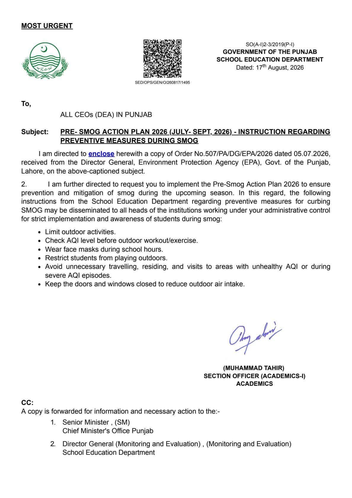 Government of Punjab School Education Department notification regarding Pre-Smog Action Plan 2026 and preventive measures during smog