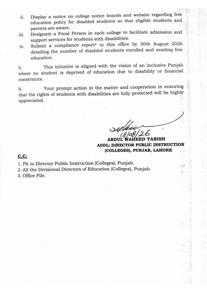 Punjab Colleges notification for free education for disabled students 2026-27 page 2