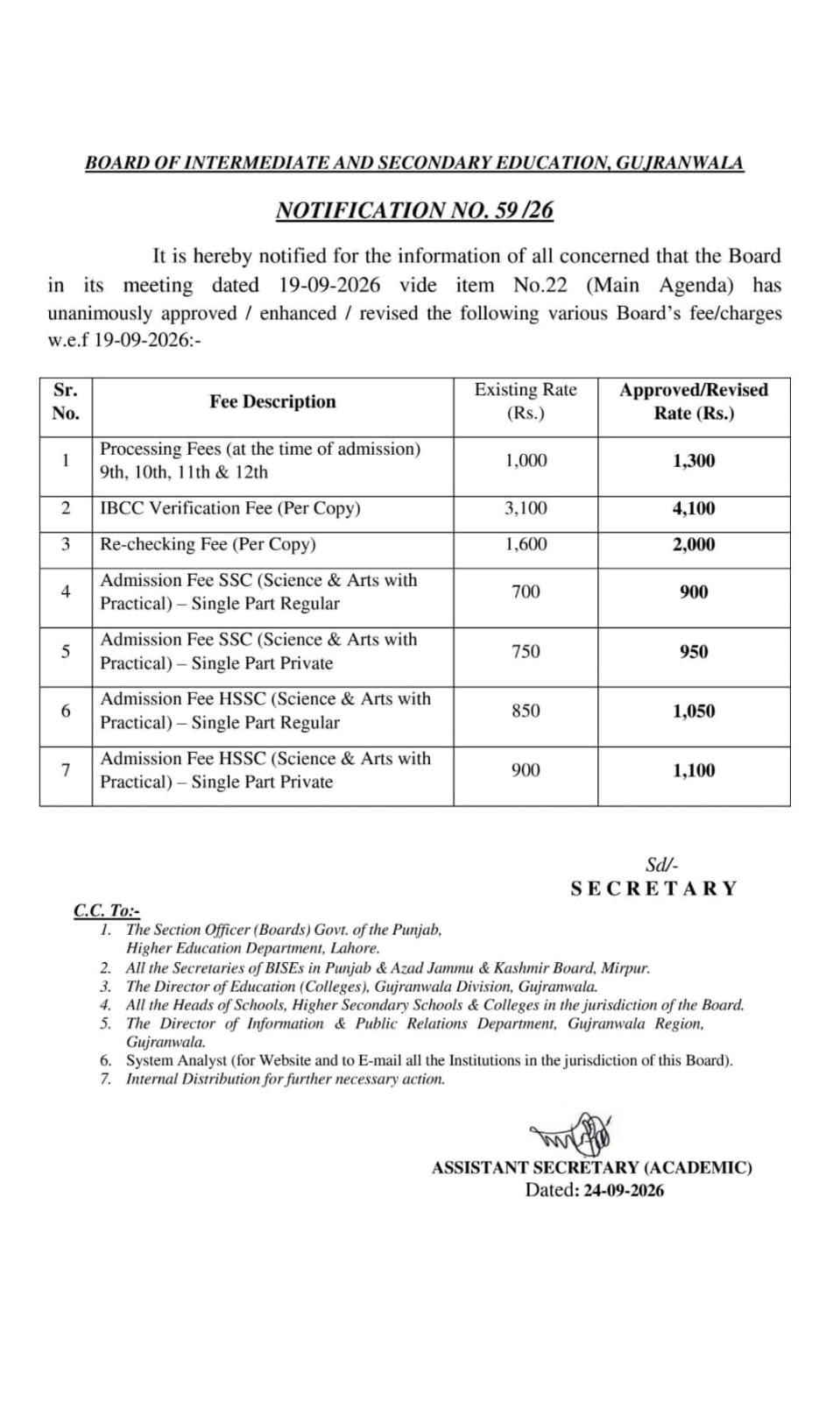 BISE Gujranwala revised fee structure 2026 notification No. 59/26
