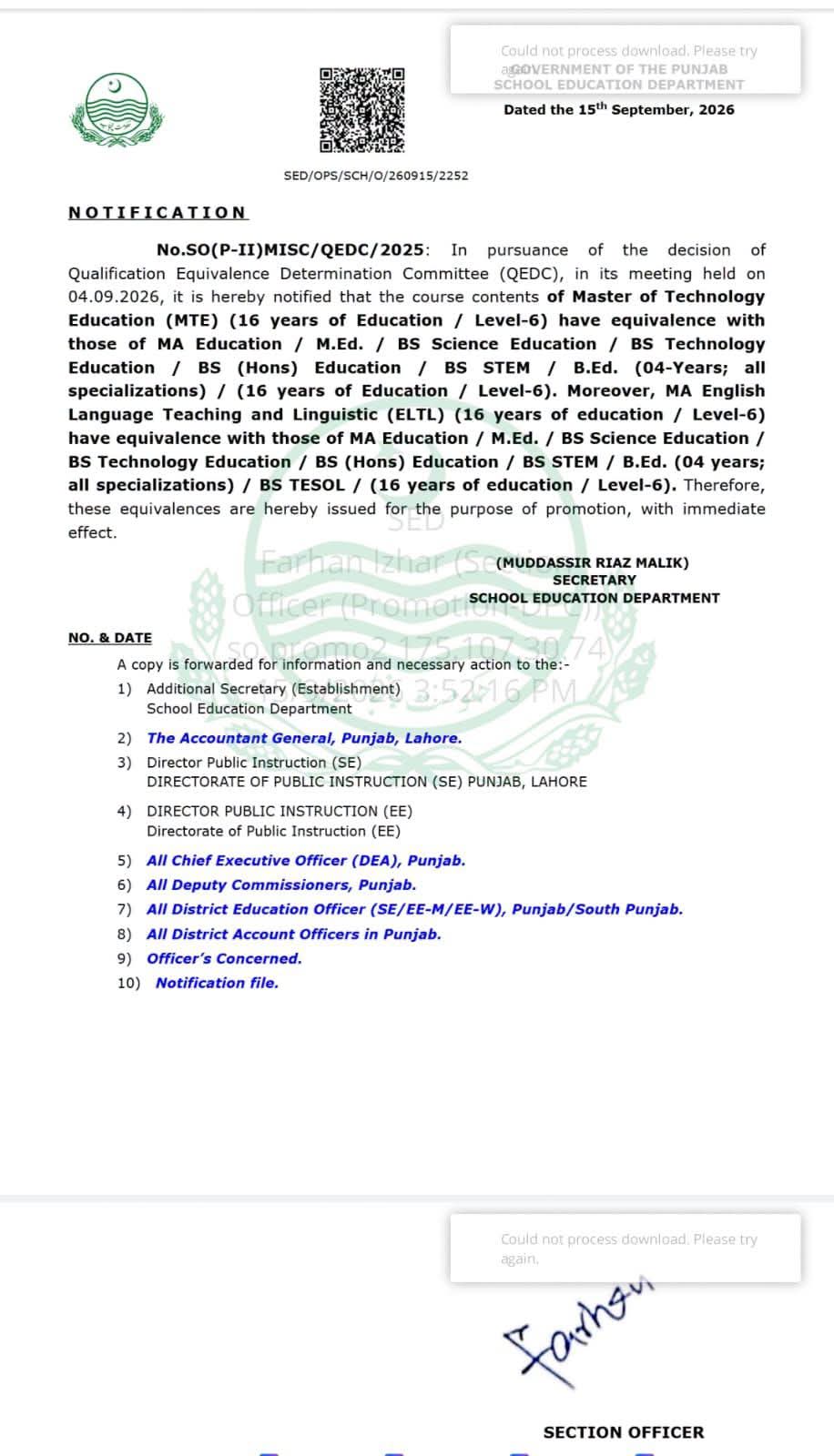 Punjab MTE and MA ELTL Equivalence Notification 2026 for Promotion