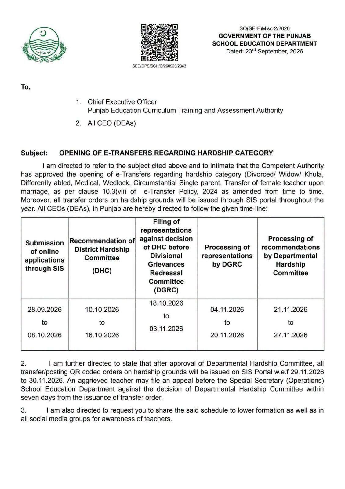 Punjab School Education Department e-Transfer 2026 hardship category schedule.