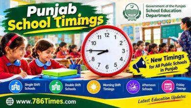 Punjab school timings announcement featuring a classroom, schoolchildren, a clock, and the new school timing schedule.