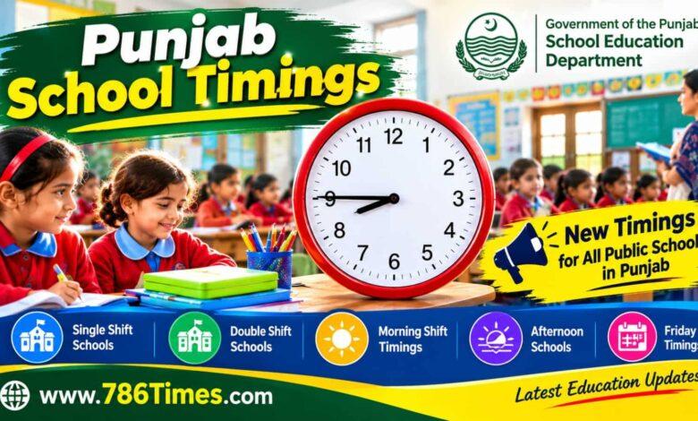 Punjab school timings announcement featuring a classroom, schoolchildren, a clock, and the new school timing schedule.