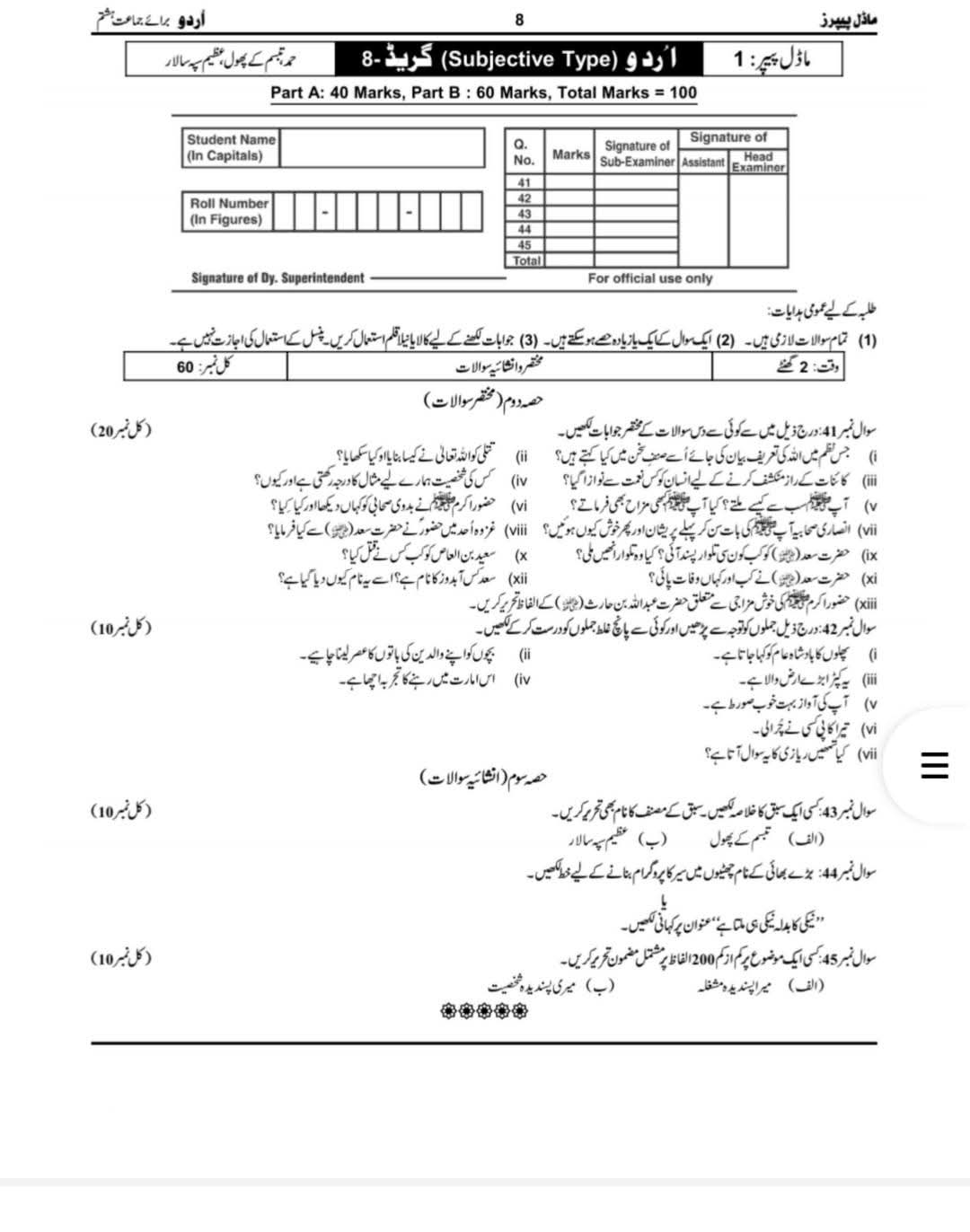 PECTAA Class 8 Urdu Model Paper 2027, Subjective Type, Page 4