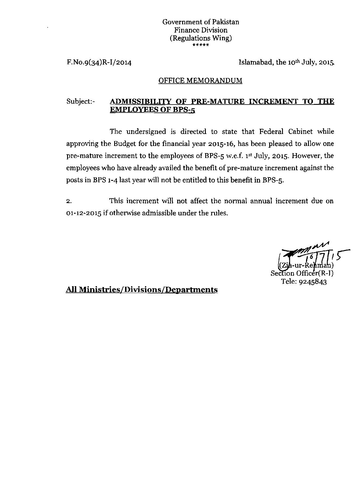 ADMISSIBILITY OF PREMATURE INCREMENT TO EMPLOYEES OF BPS-5