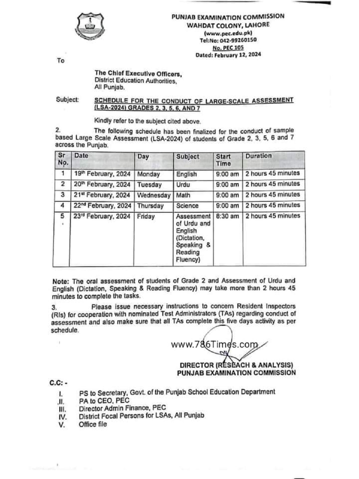 Datesheet for Large Scale Assessment LSA 24 exams in Schools