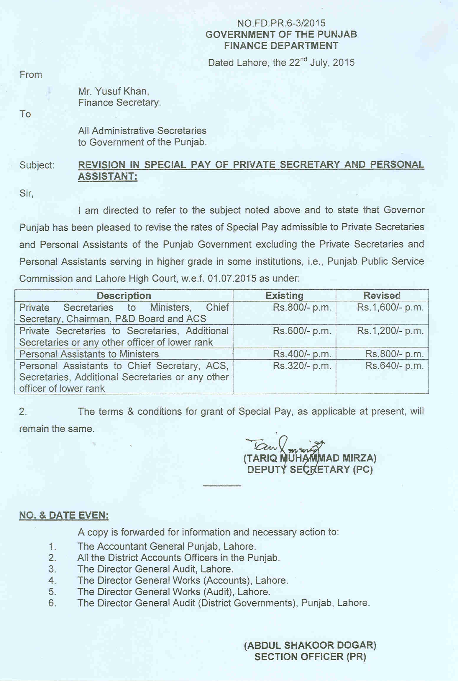 Revision in Special Pay of Private Secretary and Personal Assistant